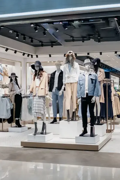 Interieur van een kledingwinkel met paspoppen en kledingrekken