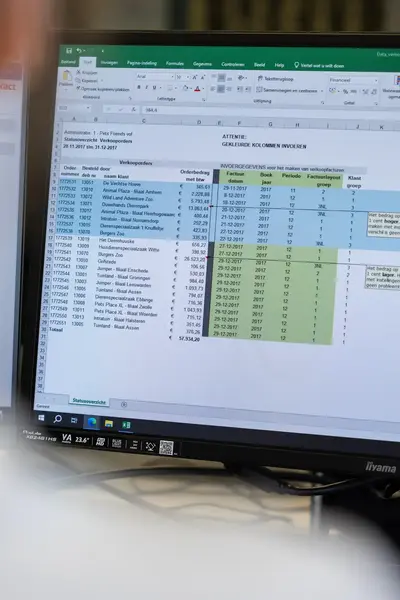 Close-up van een monitor met een excel-sheet vol sommen en cijfers