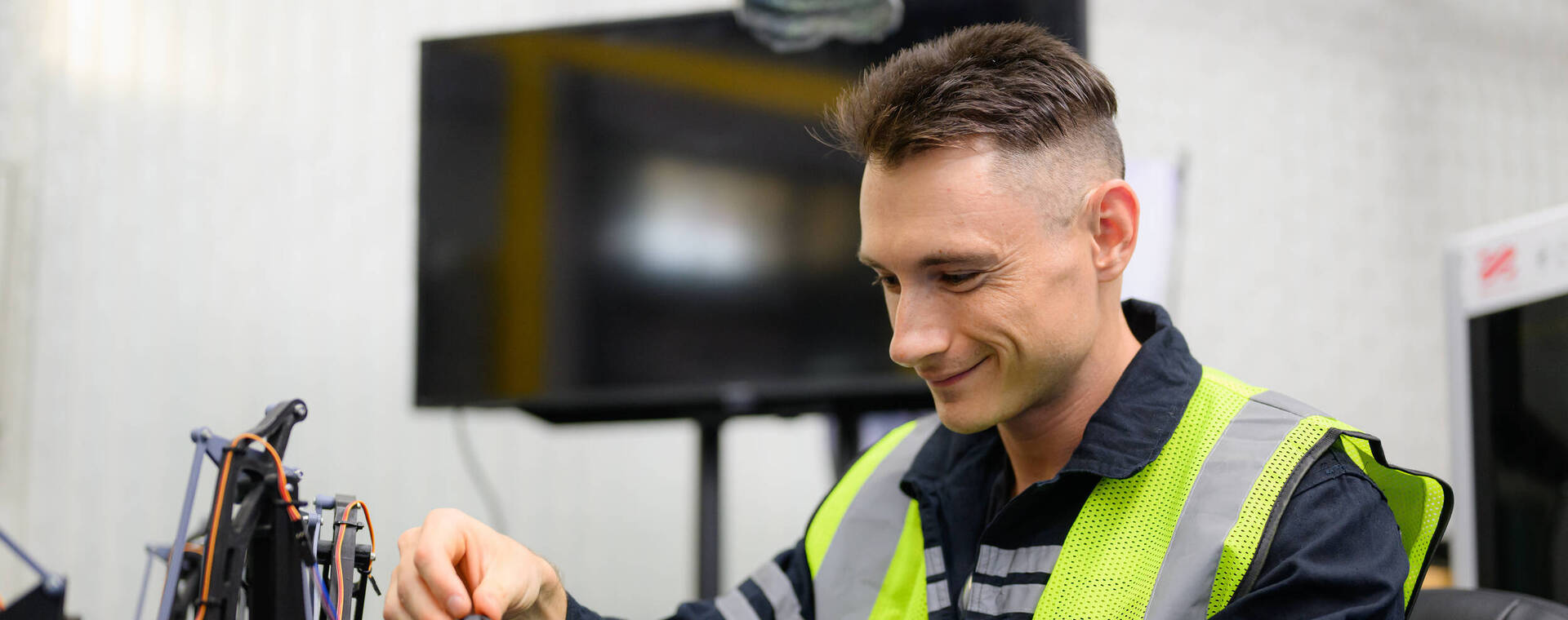 Man in veiligheidshesje sleutelt aan elektrisch apparaat