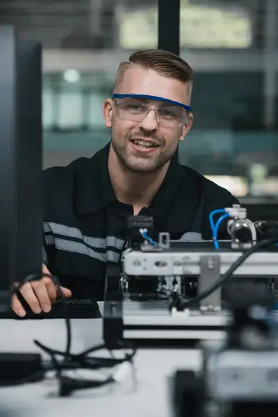 Man met werkbril en blauwe overall controleert apparatuur