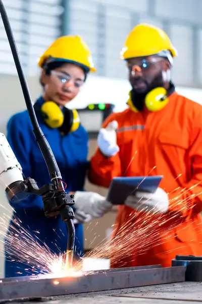 Twee collega's in veiligheidskleding inspecteren robotarm in fabriek